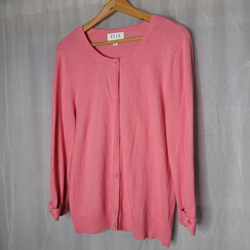 Elle Cardigan Sweater Large Pink Button Front Cotton Rayon Coquette Girl Pretty